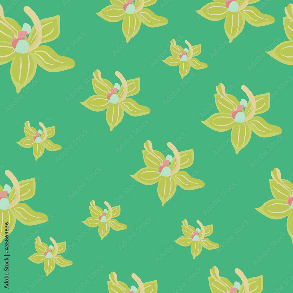Pale yellow random orchid flowers silhouettes seamless pattern. Turquoise background. Bloom ornament.