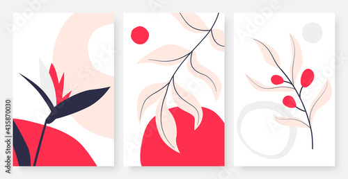 Tropical leaves, abstract minimal line drawing wall art vector illustration set. Minimalist hand drawn simple leaf, sun, template social media, poster or design wallpaper in red pink black colors