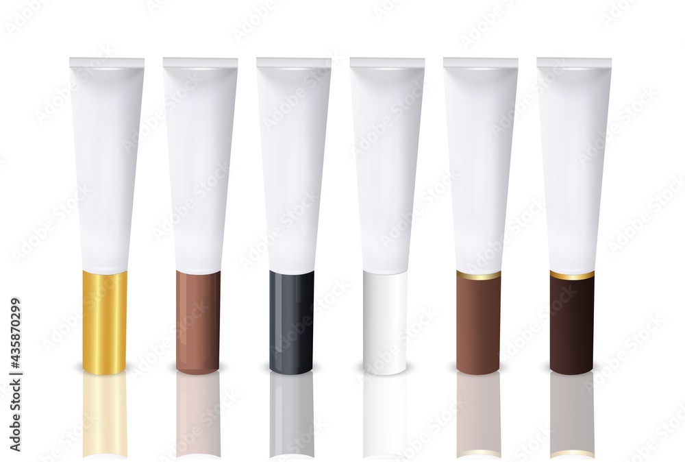 Vector 3d Realistic Plastic, Metal White Lip Balm, Eye cream, Cream Tube, Packing Set Isolated on White Background. Design Template of Toothpaste, Cosmetics, Cream, Tooth Paste for Mockup. Front View Vector 3d Realistic Plastic, Metal White Lip Balm, Eye cream, Cream Tube, Packing Set Isolated on White Background. Design Template of Toothpaste, Cosmetics, Cream, Tooth Paste for Mockup. Front View