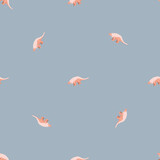 Seamless pattern in minimalistic style with cute dinosaurs little silhouettes. Pastel blue background. Animal backdrop.