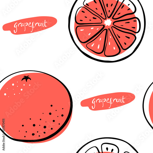 Seamless pattern with grapefruit in black line sketchy style isolated on white background. Tropical fruits. Doodle hand drawn vector illustration