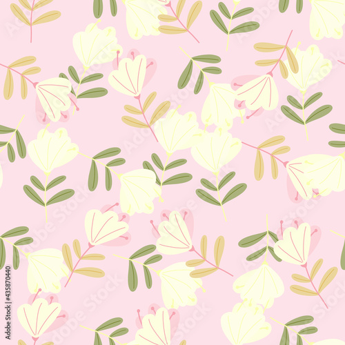 White random doodle flowers shapes seamless pattern in hand drawn style. Light pink background.