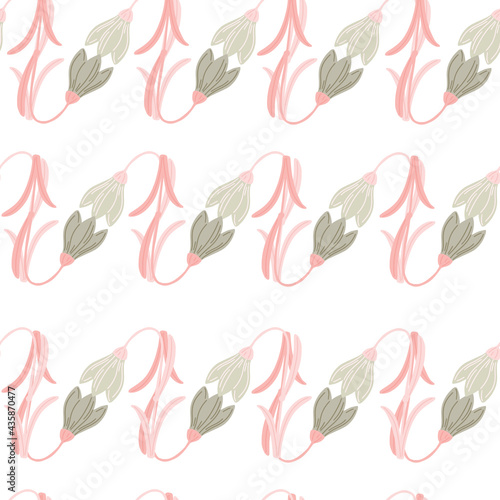 Seamless pattern with isolated grey and pink colored bluebell ornament. White background. Simple style.