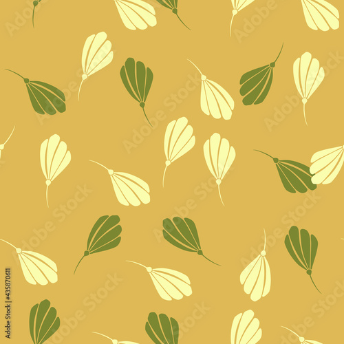 Seamless pattern with random flowers silhouettes ornament. Orange and green pastel palette tones.