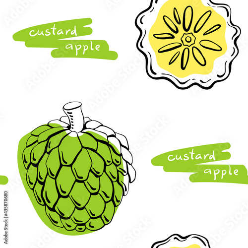 Seamless pattern with custard apple, cherimoya in black line sketchy style isolated on white background. Tropical fruits. Doodle hand drawn vector illustration