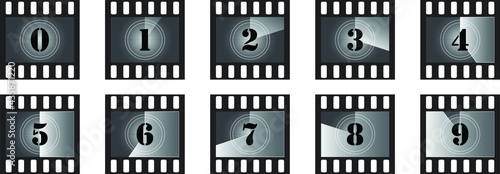 Movie countdown numbers Set. The start of the old film. Retro cinema movie timer count. Old film of countdown frame. Vintage silent film screen with circle sections timer on grunge film background