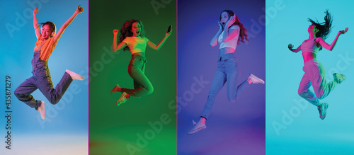 Portraits of group of people on multicolored background, collage. Happy, jumping girls.
