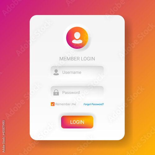 Member login menu in neomorphic or Neomorphism style, modern 2020 minimalistic white design UI UX kit, vector illustration easy to edit.