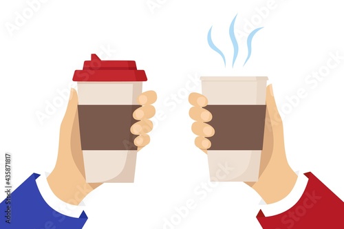 Human hands hold cups of hot drink
