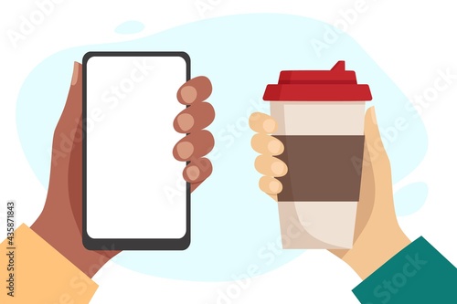 African hand holding phone with blank white screen. White hand holding a cup of hot drink