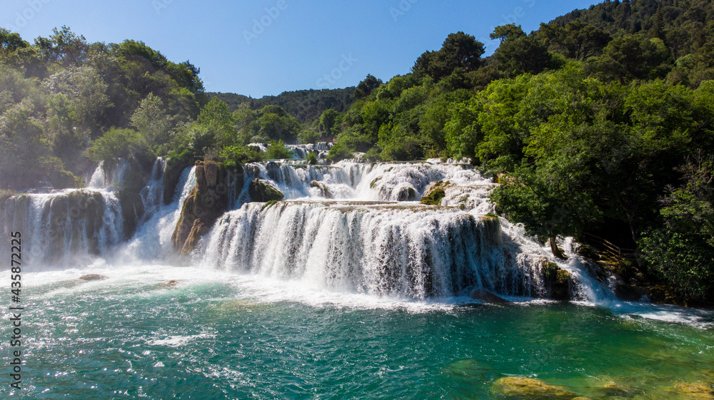Fototapeta premium Aerial of the famous staircase waterfalls at the beautiful Krka National Park, Croatia.