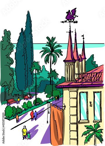 Boulevard of the resort town with a fragment of the house. Color sketch