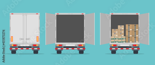 Delivery truck back view. Isolated on blue background. Closed, opened and opened with boxes. Transport services, logistics and freight of goods. Flat style, vector illustration.