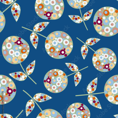 Abstract allium flower seamless vector pattern background. Midcentury modern flowers with circle fill shapes on navy blue backdrop. Chic retro floral botanical repeat for wellbeing