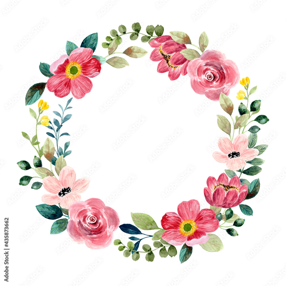 Beautiful red floral wreath with watercolor