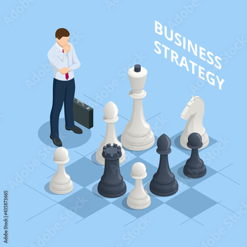 Concept business strategy. Isometric businessmen playing chess game reaching to plan strategy for success. Achieving goals business strategy for win, management or leadership.