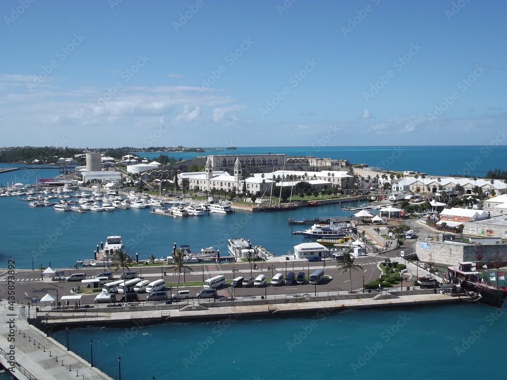 View towards the historic center, harbor and bus station at Royal Naval Dockyard, Grand Bermuda, Bermuda Islands