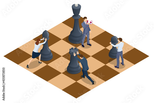 Concept business strategy. People moving chess pieces on chess board. Isometric businessmen and women playing chess game reaching to plan strategy for success.