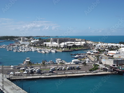 View towards the historic center, harbor and bus station at Royal Naval Dockyard, Grand Bermuda, Bermuda Islands