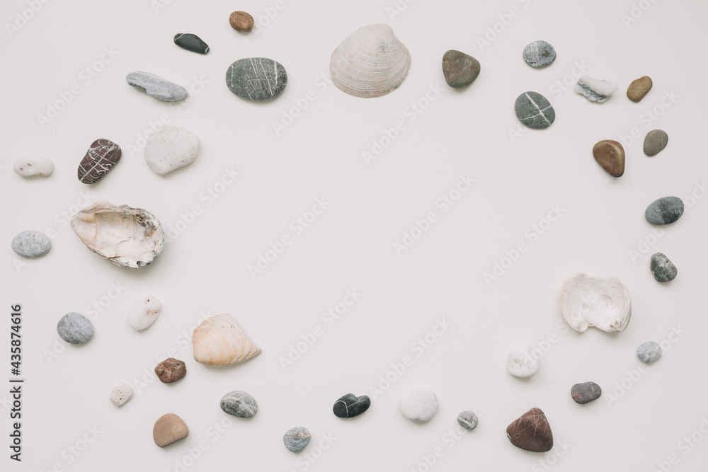 Sea shells pattern on white background. Summer concept. Flat lay, top view Sea shells pattern on white background. Summer concept. Flat lay, top view