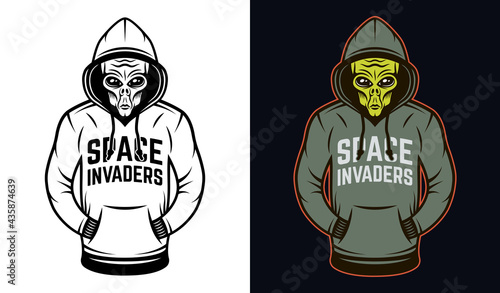 Alien in hoodie two styles black on white and colorful on dark background vector illustration