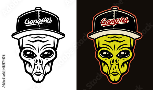 Alien head in baseball cap two styles black on white and colorful on dark background vector illustration