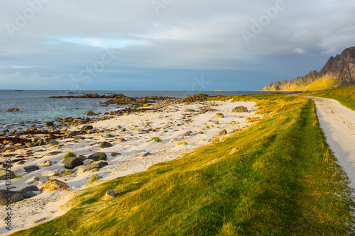 Autumn landscape and beach in Lofoten Islands, Northern Norway