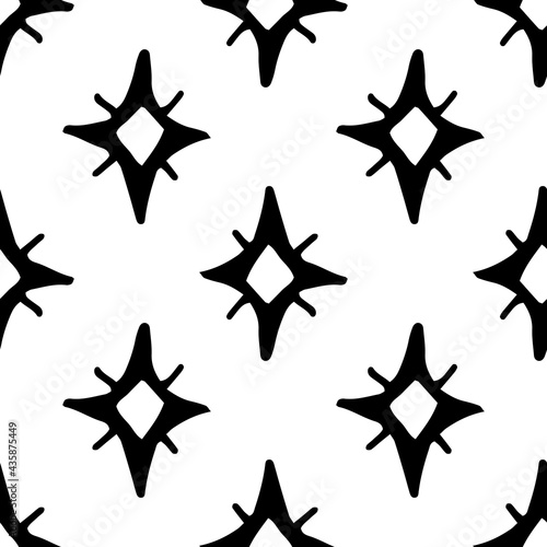 Vector pattern of a four-sided star with lines. Abstract seamless pattern of glitter symbol  diamond pattern with curved edges and a pattern of lines  black color geometrically arranged on a white bac