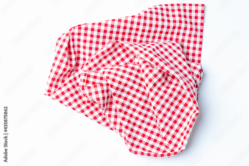 Fabric red and white crumpled isolate on white background. Tablecloth checkers top views with copy space for text. Fabric red and white crumpled isolate on white background. Tablecloth checkers top views with copy space for text.