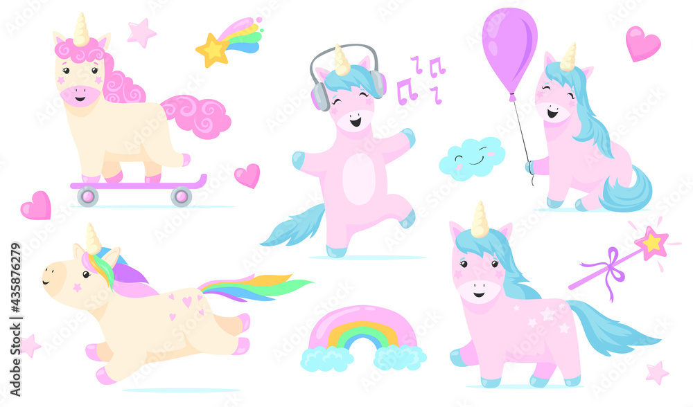 Set of cute pink unicorns. Cartoon vector illustration. Magic little horses with blue, pink, rainbow mane, listening to music, riding skateboard, holding balloon. Fairytale, myth concept for design