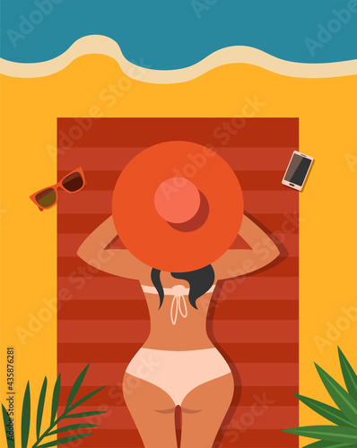 Woman relaxing on the beach. Sunbathing woman in a hat and a two-piece swimsuit, on the beach near the sea. Flat vector illustration.