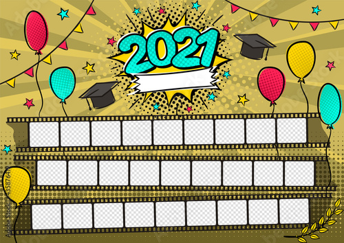 Photo frame for class of 2021 in pop art style. A photo album for a graduating class or community. Vector Template for the design of frames for Kindergarten, photographs, posters, cards.