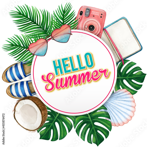 Watercolor round tropical summer banner