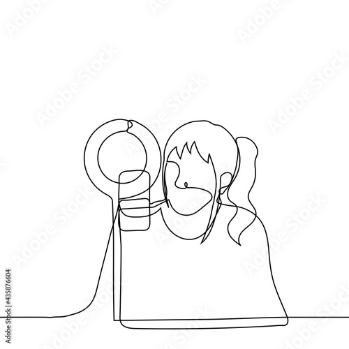 female blogger sitting in front of ring lamp and smartphone on tripod - one line drawing. concept of live broadcast, stream. blogger or celebrity chatting with fans online, tutor leads the lesson