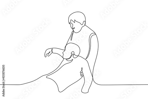 man dragging another man by the armpits - one line drawing. the concept of helping or rescuing, pulling a drowned man out of the water, losing consciousness in someone else's hands