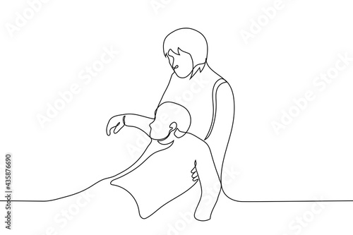 woman dragging lying man by the armpits - one line drawing. concept of helping or rescuing, pulling a drowned man out of the water, losing consciousness in someone else's hands, hide a corpse