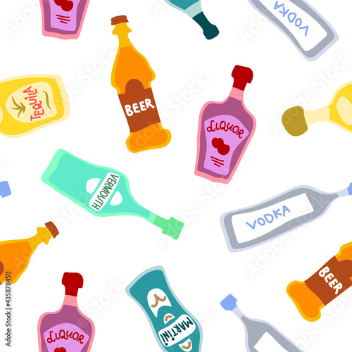 Vodka beer martini tequila liquor vermouth bottles seamless pattern. Doodle style. Hand drawn repeat template. Party drinks concept. Freehand drawing. Cartoon sketch graphic draft