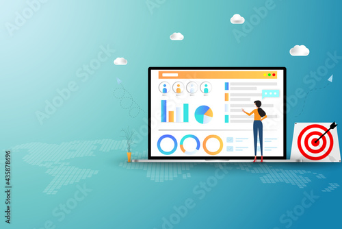 Human Resources Concept, HR manager touch on the screen of laptop to recruit a new staff or analyze a performance of employee in green color background.