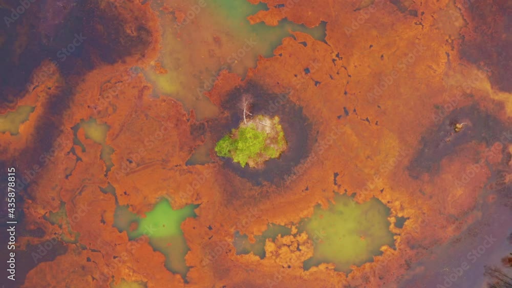 Beautiful toxic lake is located next to green trees. Industrial plant