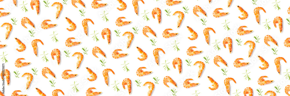 Tiger shrimp. Seafood background made from Prawns isolated on a white backdrop. modern flat lay background from boiled shrimps, Seafood. not seamless pattern Tiger shrimp. Seafood background made from Prawns isolated on a white backdrop. modern flat lay background from boiled shrimps, Seafood. not seamless pattern