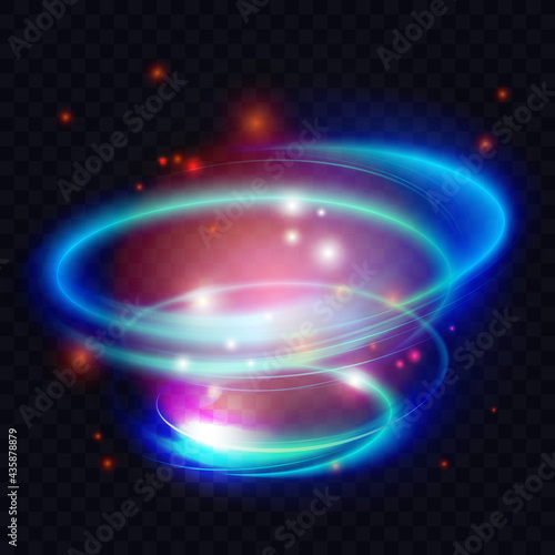 Light circle swirl spiral shapes and lines, abstract energy effect vector illustration. Shiny neon rings shine with flying magic bright luminous particles and sparkles on transparent black background