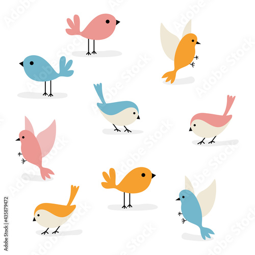 Vector set of cute drawn birds. Blue, pink and orange bird in different poses. Family and flock of birds. Bird patter. Coloring book, textiles, wallpaper, cartoon. home decor.