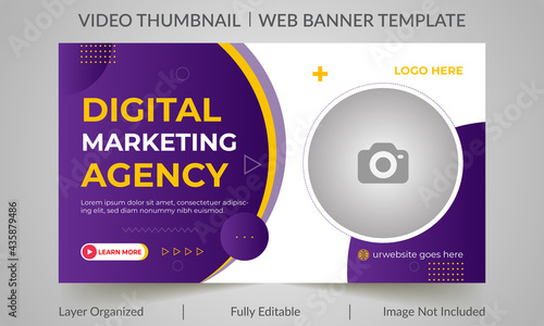 Digital marketing agency video thumbnail and web banner design. Video cover photo fully editable for social media. Customizable web banner template and thumbnail