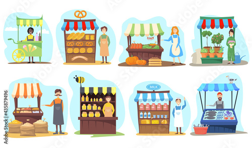 Set of street vendor booths. Cartoon vector illustration. Farm market, food counters, kiosks with fish, vegetables, plants, honey and sellers. Fair, outdoor shopping, store concept for banner design