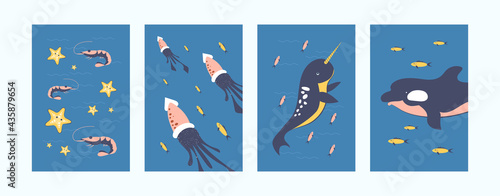 Colorful underwater animals illustrations set. Sea world set in pastel colors. Cute fish, dolphin, squid, shrimp on blue background. Underwater life concept for banners, website design