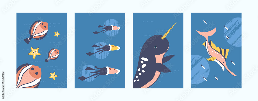 Set of underwater animals illustrations in pastel style. Sea world illustration set in gentle colors. Cute narwhal, swordfish, squid on blue background. Marine life concept for banners, website design Set of underwater animals illustrations in pastel style. Sea world illustration set in gentle colors. Cute narwhal, swordfish, squid on blue background. Marine life concept for banners, website design