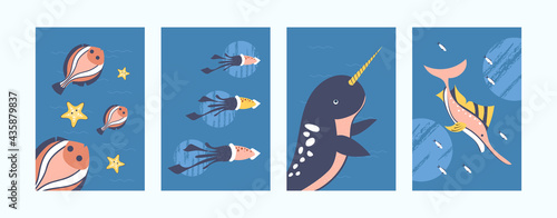 Set of underwater animals illustrations in pastel style. Sea world illustration set in gentle colors. Cute narwhal, swordfish, squid on blue background. Marine life concept for banners, website design