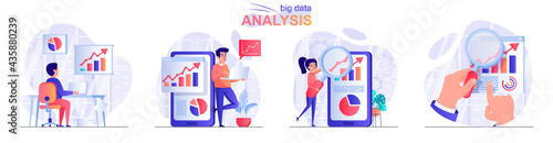 Big data analysis concept scenes set. Analyst works with statistics, analyzes business data charts, company growth. Collection of people activities. Vector illustration of characters in flat design