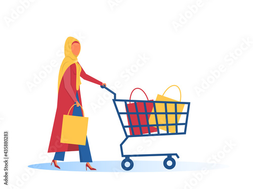 Hijab muslim woman with shopping cart Flat design vector illustrator.