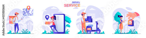 Delivery service concept scenes set. Courier delivers order to home, application for online tracking of parcel. Collection of people activities. Vector illustration of characters in flat design